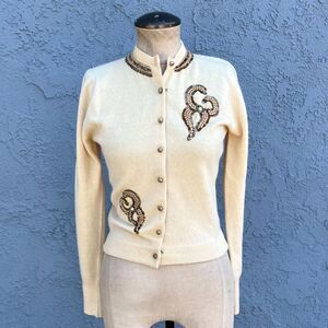 Vintage Beaded Cardigan Sweater in Small Cream Mid century